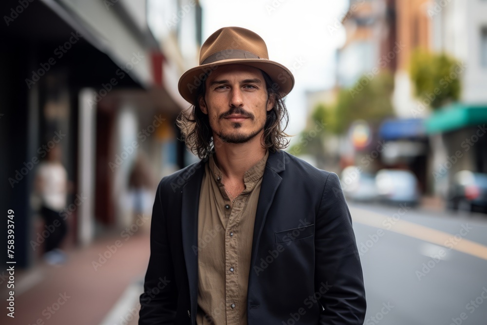 Handsome man wearing a fedora hat in a urban context Handsome man wearing a fedora hat in a urban context