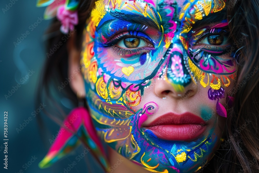 a stunning woman with a face painted in vibrant colors.
