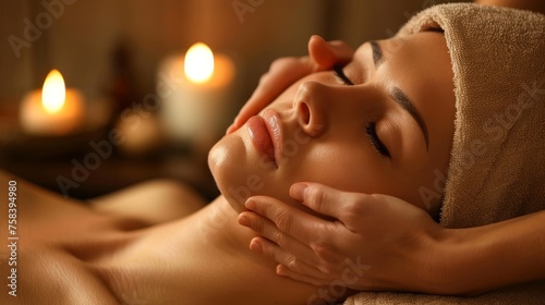 Woman receiving facial massage at spa salon for rejuvenating beauty treatment experience