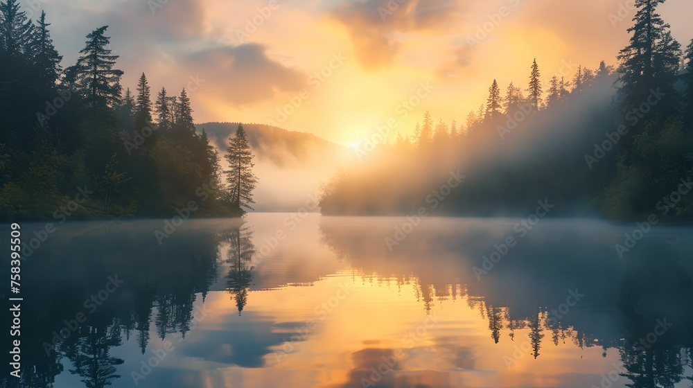Tranquil Canadian Lake at Sunrise, Canada, Forest, Serene, Scenic Landscape