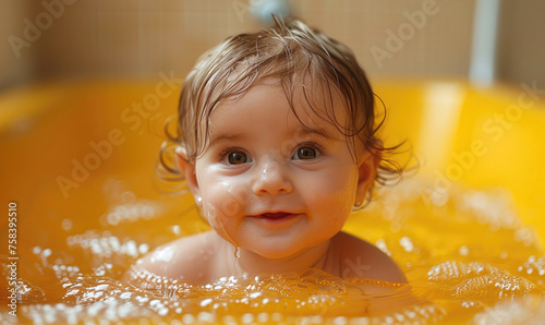 A cute happy baby in bathtub