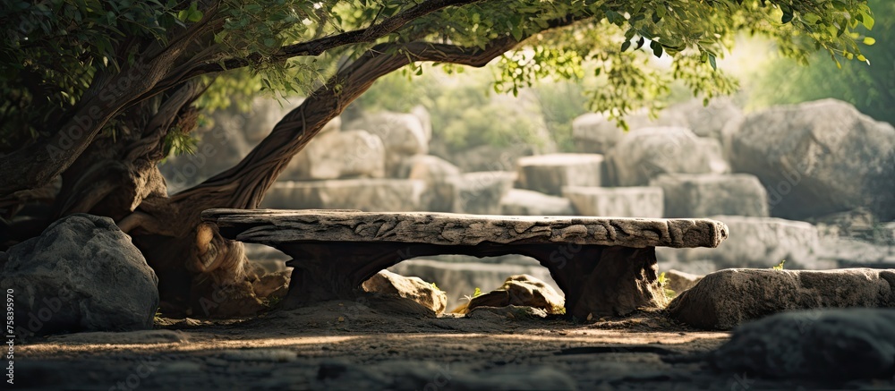 A wooden bench nestled under a leafy tree in a park, encircled by rocks and lush grass, creating a serene natural landscape