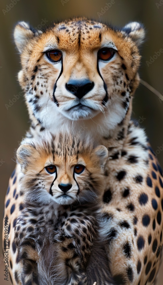 Male cheetah and cub with empty space on the left, object on the right side, perfect for adding text Male cheetah and cub with empty space on the left, object on the right side, perfect for adding text