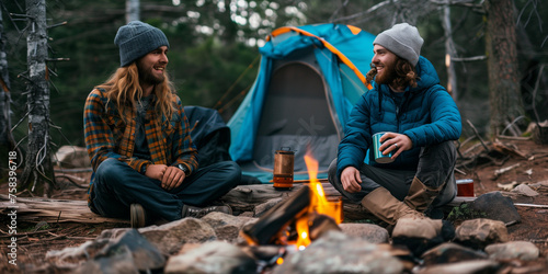 Campers sitting around the campfire drink hot drinks and smilin in the cold forest  © Erzsbet