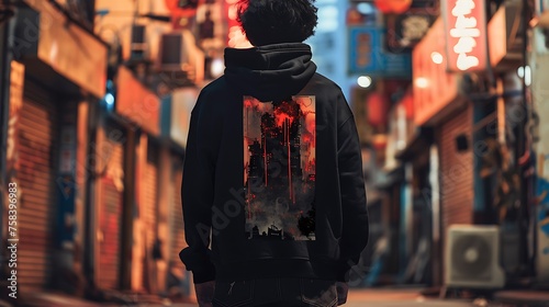 a mockup design featuring a black hoodie with a large graphic print on the back. The graphic should be eye-catching and urban-inspired.  attractive look