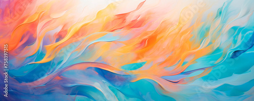 The canvas becomes a dynamic battleground for vibrant hues of blue, orange, and pink, blending and swirling in an energetic display. Banner. Copy space.