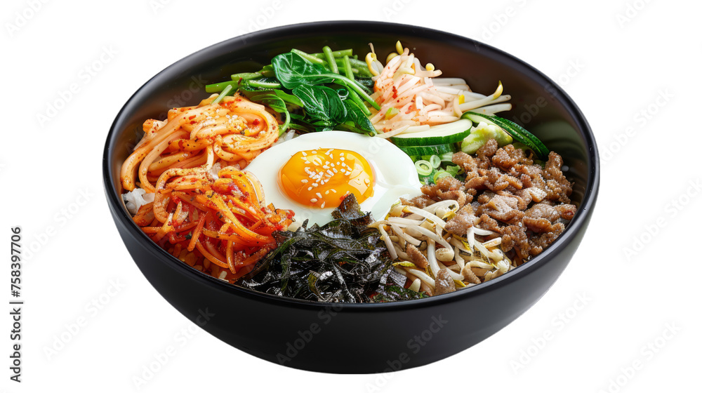 Korean Bibimbap Rice Bowl isolated on transparent png background. Generative ai Korean Bibimbap Rice Bowl isolated on transparent png background. Generative ai