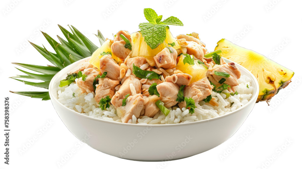 Hawaiian Pineapple Chicken Rice Bowl isolated on transparent png background. Generative ai Hawaiian Pineapple Chicken Rice Bowl isolated on transparent png background. Generative ai