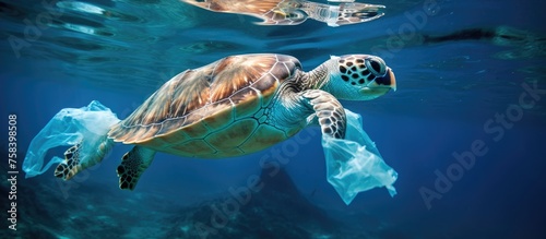 A sea turtle, a marine mammal, is seen swimming underwater with a plastic bag on its back in the electric blue water. A concerning event for marine biology and wildlife conservation