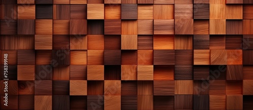 A closeup of a brown hardwood wall made of rectangular wooden squares with a wood stain finish, resembling a brick pattern. The flooring matches the wall