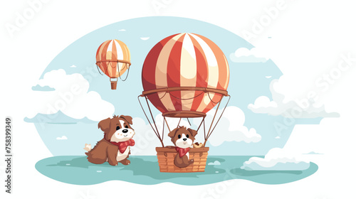 A hot air balloon carrying a picnic basket and a do