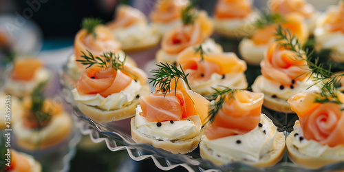 Appetizer at a wedding witg toast disks cream and raw salmon roses 