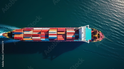 A large container ship carries colorful containers in the ocean
