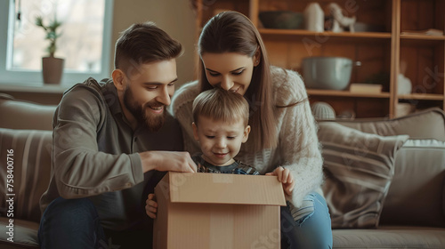 Woman and baby unpacking cardboard box with surprise. International shopping with shipment worldwide. Great range of high-quality products delivered from best sellers to your home address by mail.