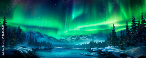 Painting of green and purple aurora borealis swirls in the night sky, a vibrant showcase of nature's light spectacle. Banner. Copy space. © stateronz