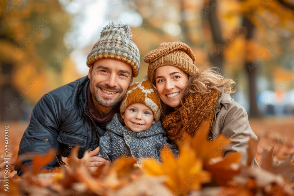 Happy Family Enjoying a Beautiful Autumn Day in the Park with Colorful Foliage