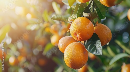 beautiful fresh ripe oranges hanging on a tree in garden