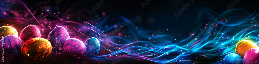 Colorful decorated Easter eggs on dark background with glowing lines, waves and lights. Futuristic technology concept. Creative holiday design for card, banner, poster with copy space - obrazy, fototapety, plakaty 