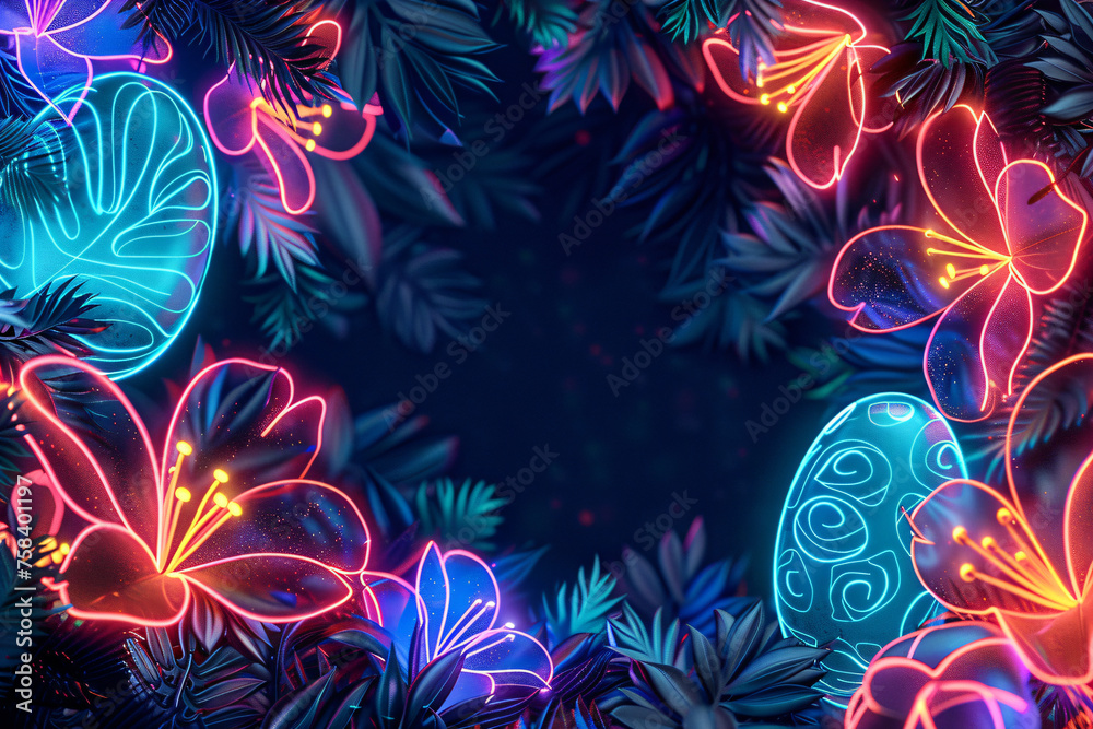 Frame with Easter eggs, tropical plants and flowers on dark blue background. Futuristic concept. Creative holiday design for card, banner, poster with copy space Frame with Easter eggs, tropical plants and flowers on dark blue background. Futuristic concept. Creative holiday design for card, banner, poster with copy space