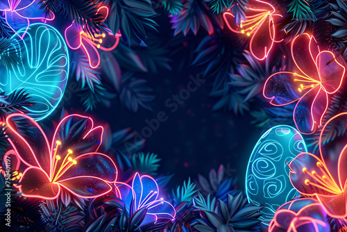Frame with Easter eggs, tropical plants and flowers on dark blue background. Futuristic concept. Creative holiday design for card, banner, poster with copy space