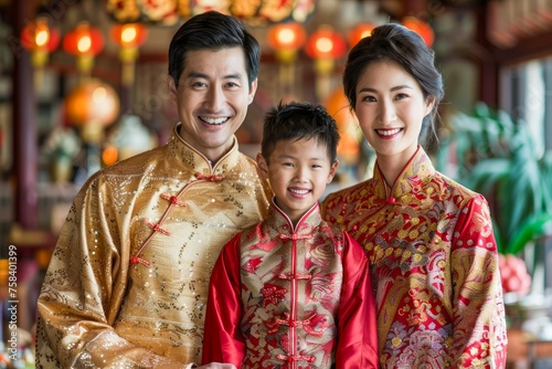 Traditional Chinese Family in Festive Attire Celebrating Cultural Event with Joyful Smiles