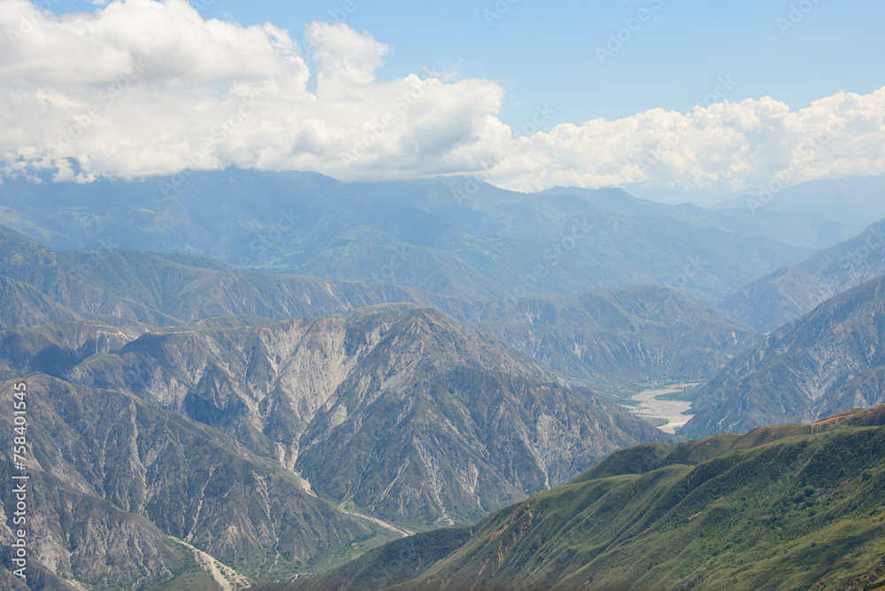 Aerial view, from a paraglider, of the Chicamocha Canyon, panoramic view of a spectacular mountain scenery in Santander, Colombia.