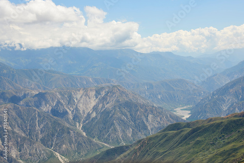Aerial view, from a paraglider, of the Chicamocha Canyon, panoramic view of a spectacular mountain scenery in Santander, Colombia.