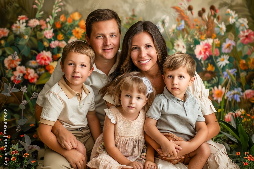 Happy Family Portrait, Smiling Parents with Two Sons and Daughter by Colorful Floral Backdrop