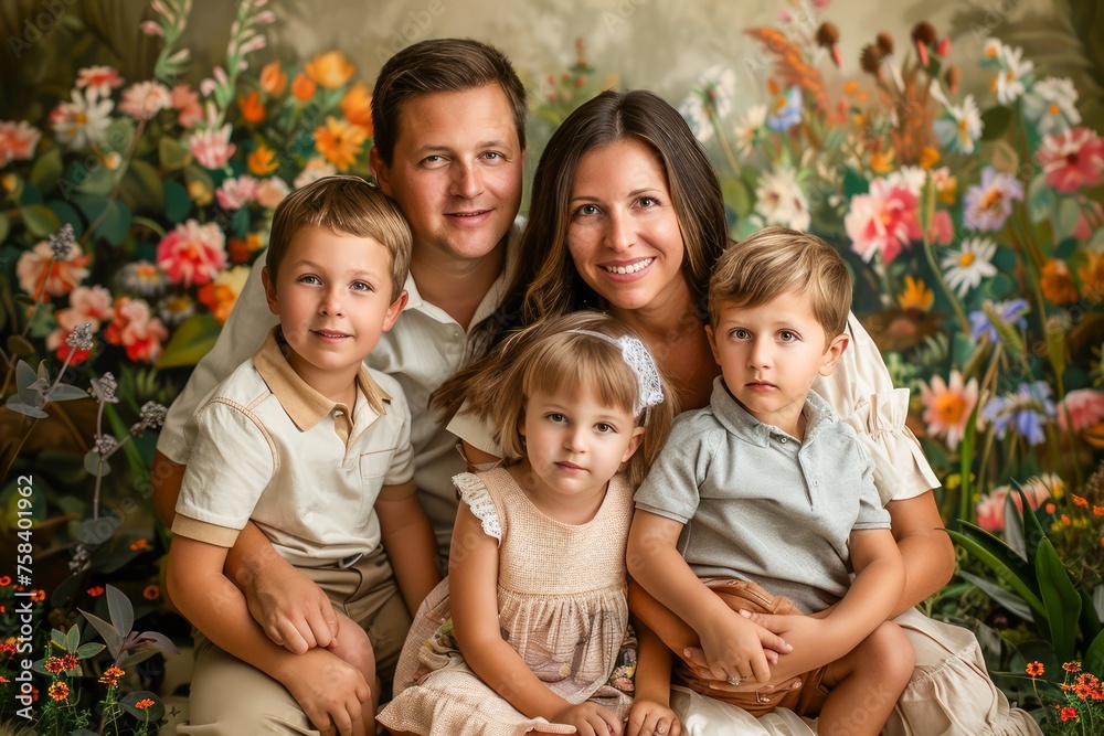 Happy Family Portrait, Smiling Parents with Two Sons and Daughter by Colorful Floral Backdrop Happy Family Portrait, Smiling Parents with Two Sons and Daughter by Colorful Floral Backdrop