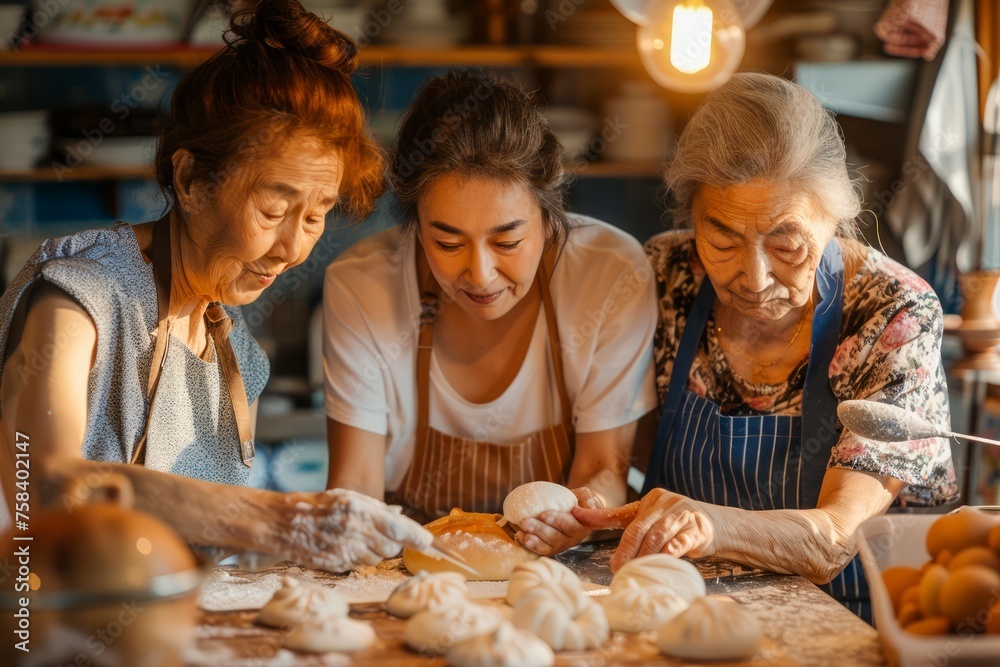 Multi-Generational Family Tradition of Baking Together, Warm Kitchen Ambiance, Joyful Elderly Women with Young Adult Multi-Generational Family Tradition of Baking Together, Warm Kitchen Ambiance, Joyful Elderly Women with Young Adult