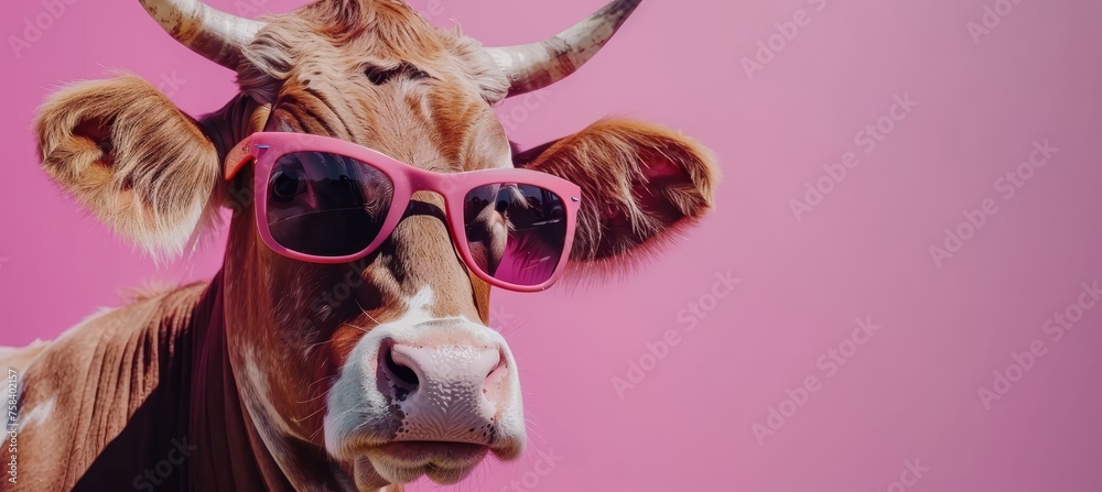 Playful cow with stylish sunglasses posing in a vibrant pastel colored studio environment