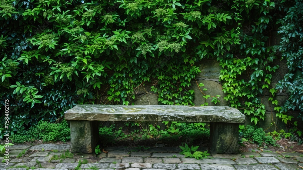 A stone bench nestled among lush green foliage in a peaceful garden A stone bench nestled among lush green foliage in a peaceful garden