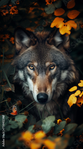 AI Generated Image Portrait of the wolf in nature surrounded by leaves and flowers photo