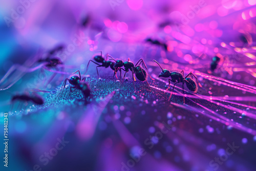 AI Generated Image Macro close-up view on ants running on a surface with neon light fibers of artificial neural network; photo