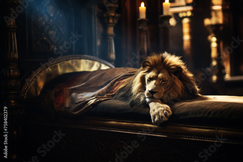 AI Generated Image Lion relaxing on Medieval European king bed in the empire palace interior photo