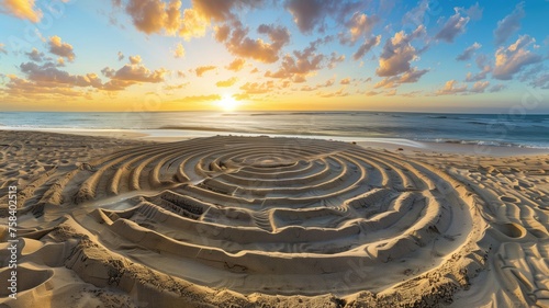 Artistic sand labyrinth on the beach at sunset with waves and clouds
