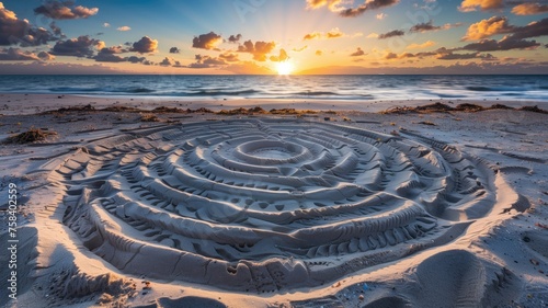 Sunrise bathes a detailed sand sculpture and tranquil beach in golden light photo