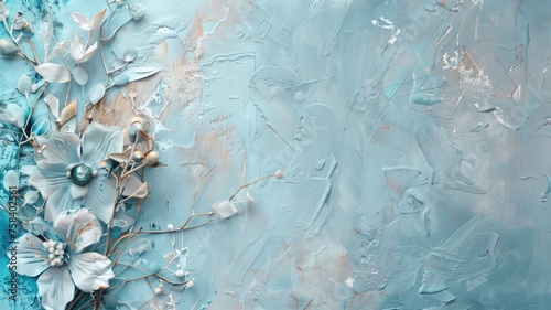 A textured blue background with a delicate white floral relief design