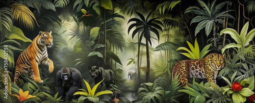 Jungle wallpaper with animals, trees and tropical plant. jungle scene with a tiger, a leopard, a monkey, a panther, elephant and a bird. mysterious jungle painting, primeval jungle background.