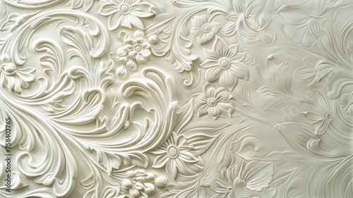 Detailed white plasterwork with an intricate floral pattern, creating a refined and elegant texture
