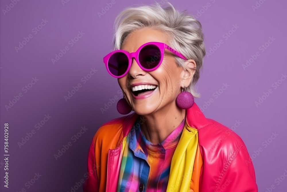 Portrait of a smiling senior woman wearing sunglasses and colorful jacket.