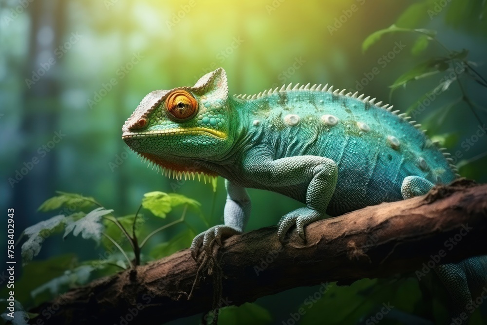 Fototapeta premium A chameleon is sitting in on a branch.