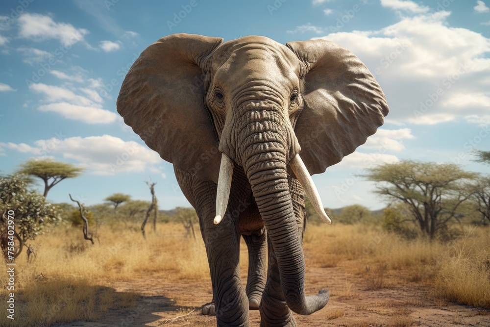 Portrait of an elephant walking on the savannah. Outdoor. Concept of wild animals in natural habitat.