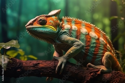 A chameleon is sitting in on a branch. photo