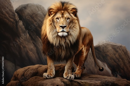 Portrait of big male lion staying on stones background. Concept of wild animals in natural habitat.