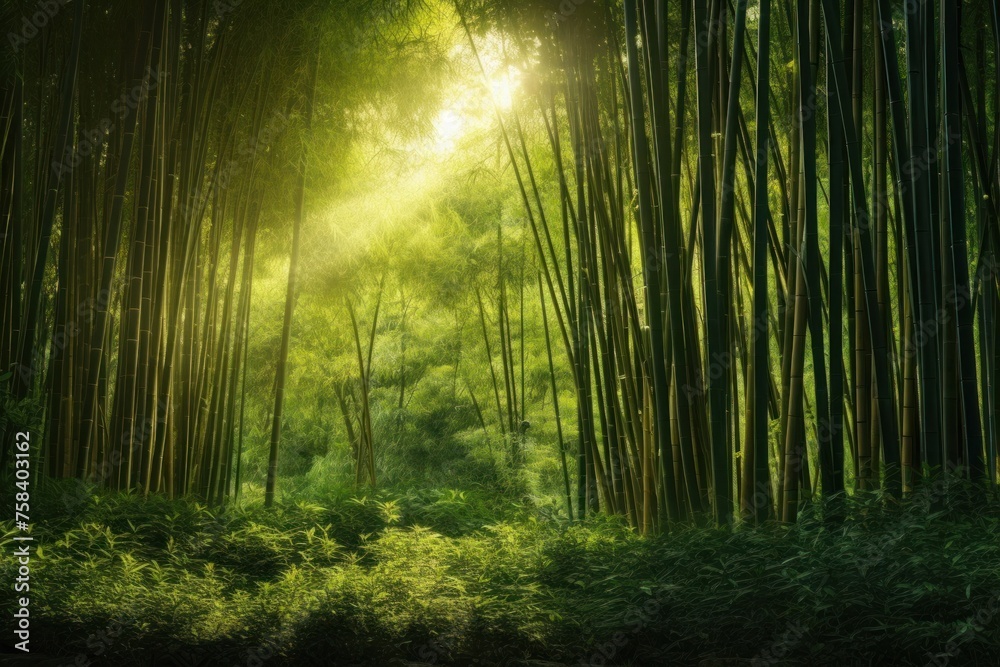 Bamboo grove, bamboo forest in a misty haze with the rays of the sun breaking through the foliage of the trees. Bamboo grove, bamboo forest in a misty haze with the rays of the sun breaking through the foliage of the trees.