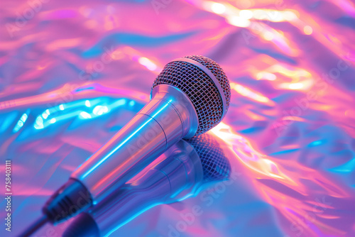 Dynamic Microphone on Colorful Holographic Background. Generative AI image photo