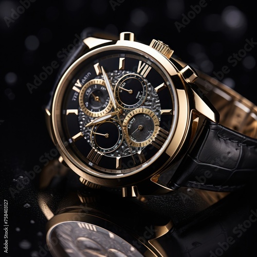 Men's luxury wrist watches on a black background. Close up.