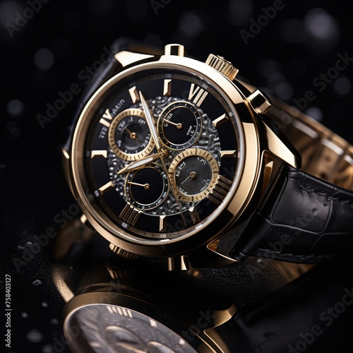 Men's luxury wrist watches on a black background. Close up.