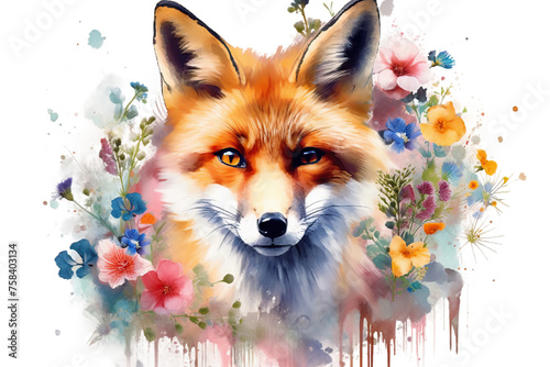 created background flowers illustration watercolor animal portrait painting white realistic red technology fox colorful wild